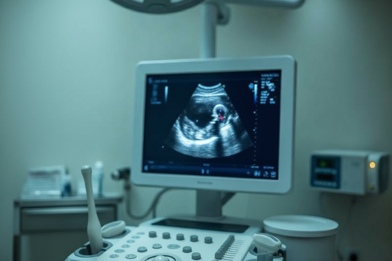 Estudio de ecocardiograma con transductor y pantalla de ultrasonido